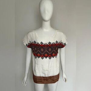 White Chocolate Blouse Top Peasant Beige Geometric  Boho L NWOT